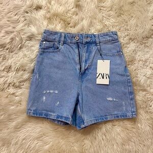 Zara Blue Mom Jean Shorts High-Waisted Distressed